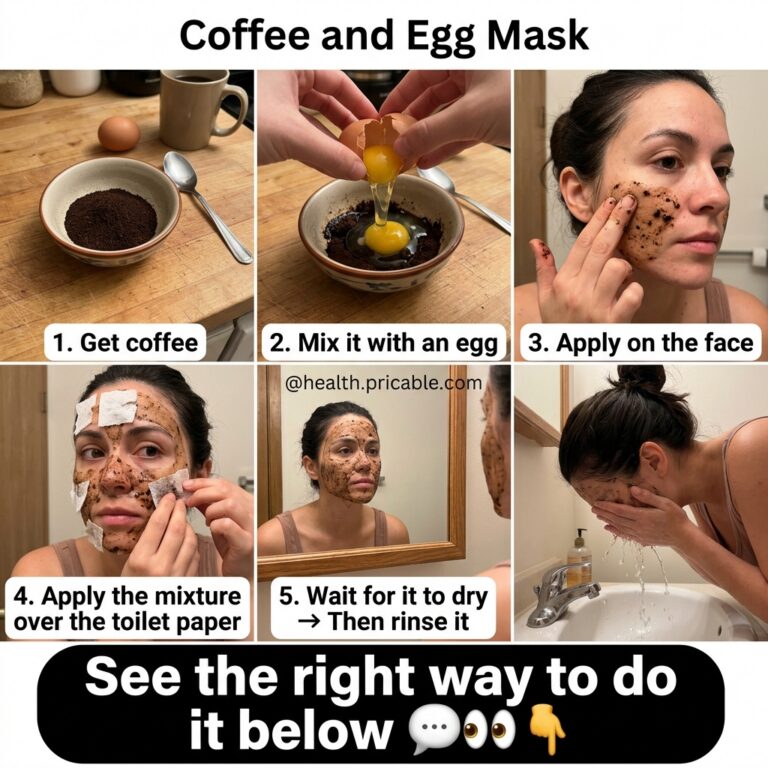 A detailed step-by-step visual guide for creating and applying a Coffee and Egg Mask showing the preparation application