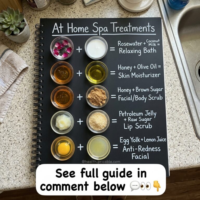 Overhead flat lay of a black notebook displaying five distinct At Home Spa Treatments recipes with natural ingredients l