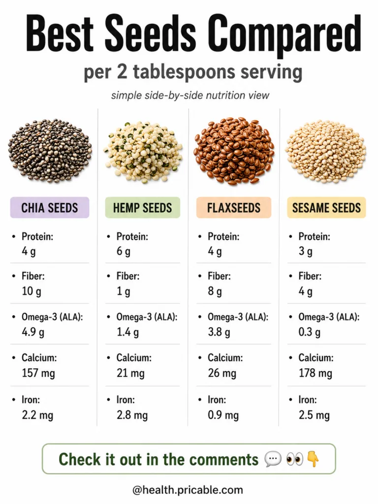 An infographic comparing the nutritional values of Chia Seeds Hemp Seeds Flaxseeds and Sesame Seeds showing their protei