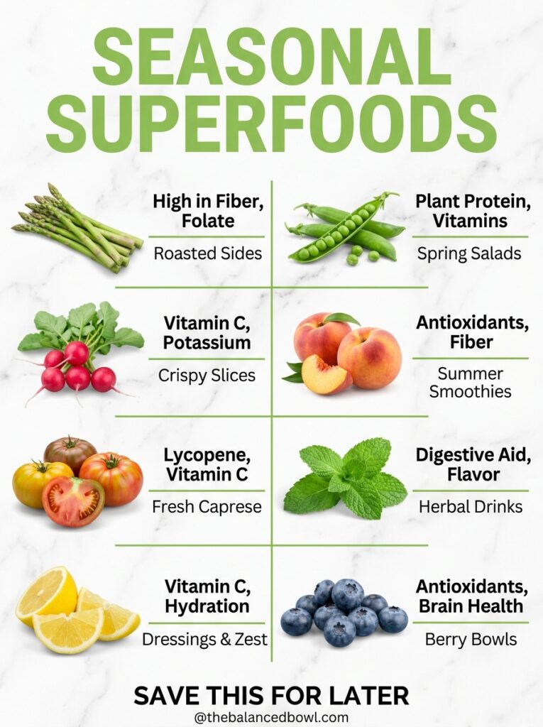 An infographic showcasing various seasonal superfoods like asparagus peas radishes peaches heirloom tomatoes mint lemons