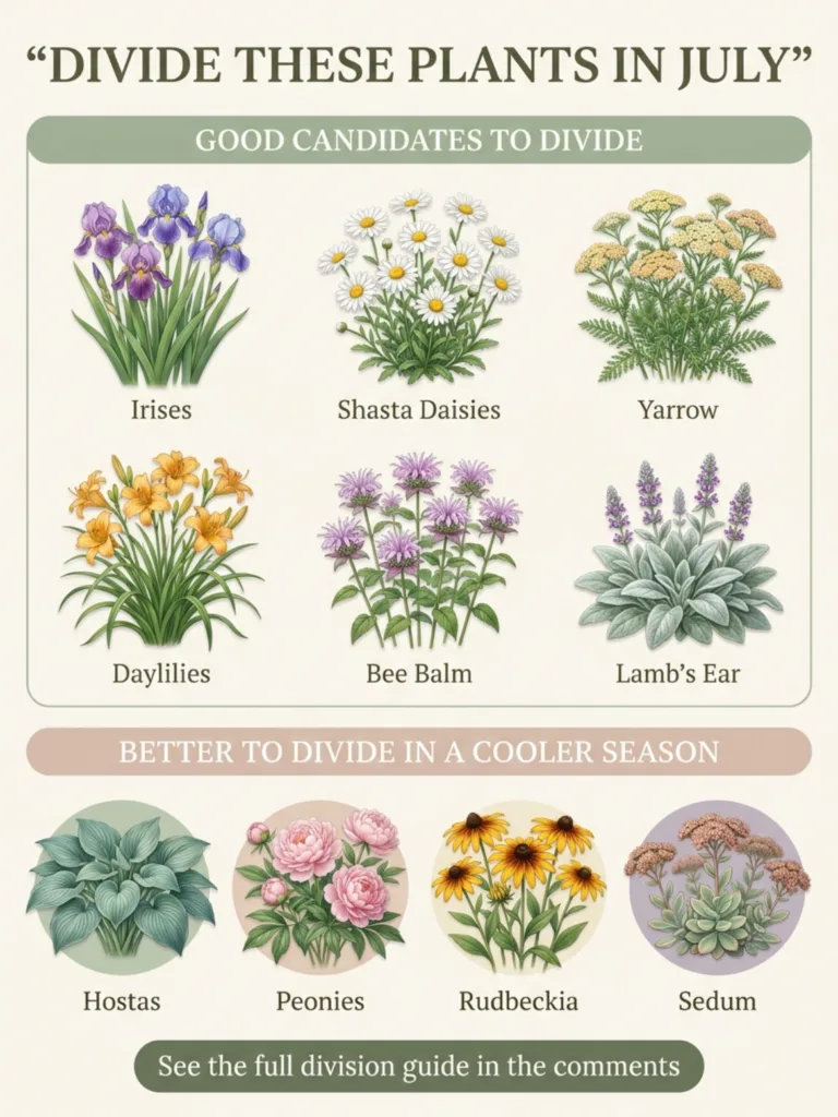 Infographic showing good and bad candidates for dividing perennials in July with illustrations of Irises Shasta Daisies 