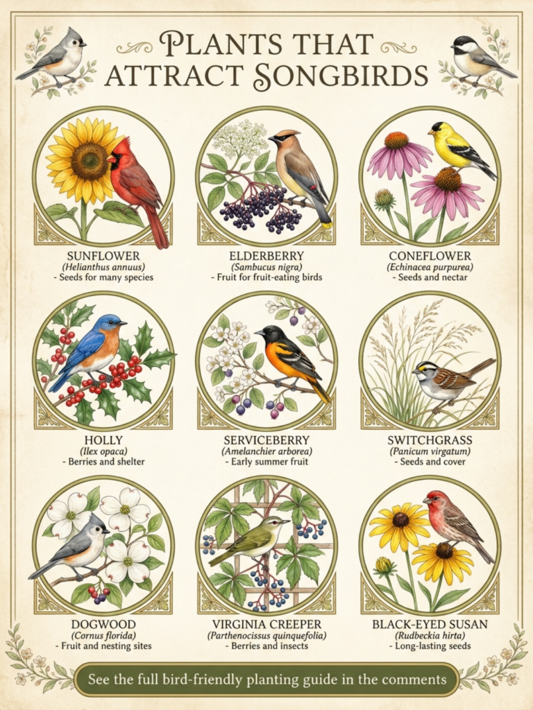 An illustrated guide showcasing various plants like coneflowers sunflowers and serviceberry each paired with a songbird 
