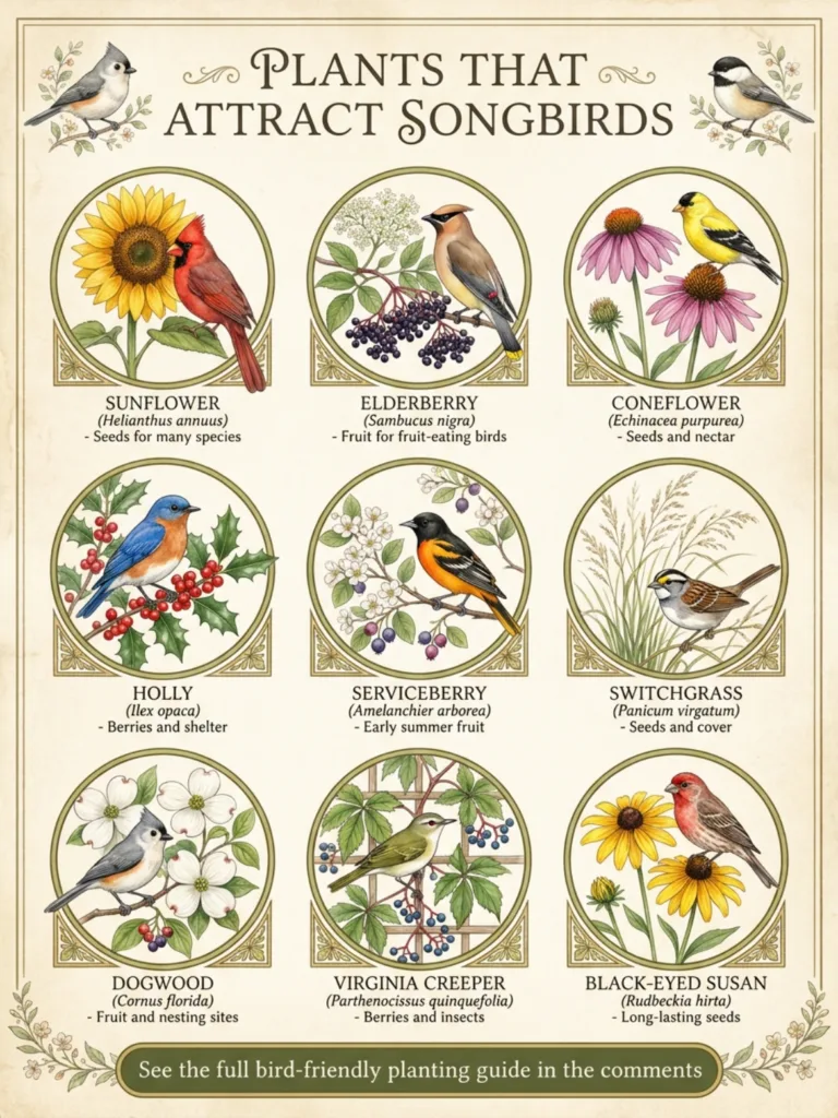 An illustrated guide showcasing various plants like coneflowers sunflowers and serviceberry each paired with a songbird 