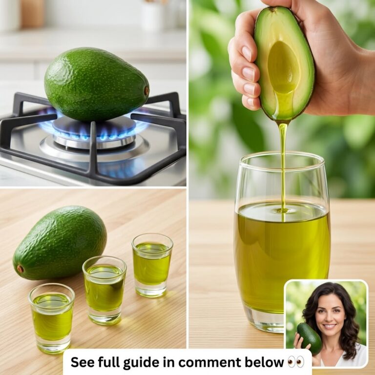 A four-panel collage illustrating avocado oil extraction with a whole avocado on a burner oil being squeezed and shot gl