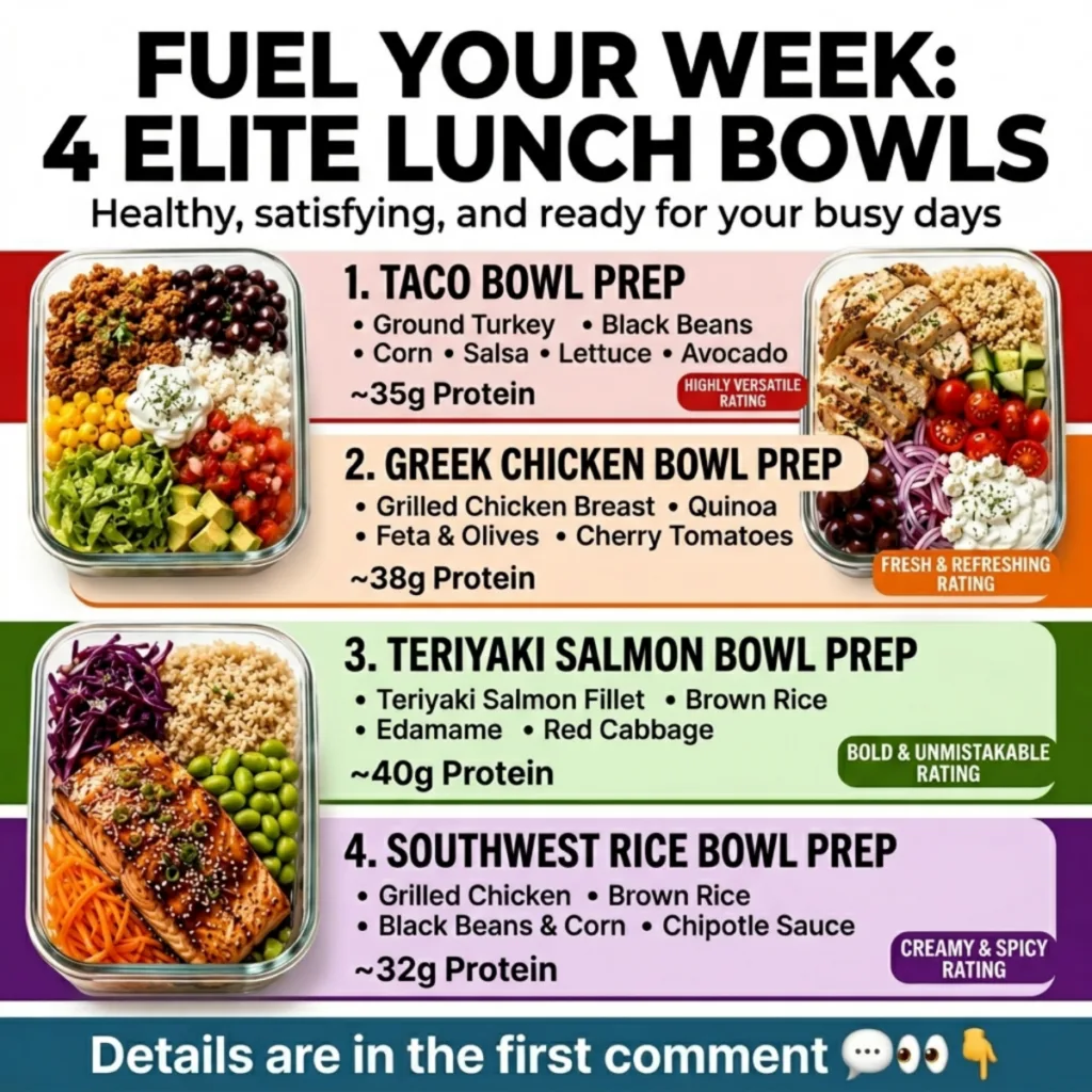 A clean top-down composition of four distinct Elite Lunch Bowls for meal prepping each in a clear glass container Bowls 