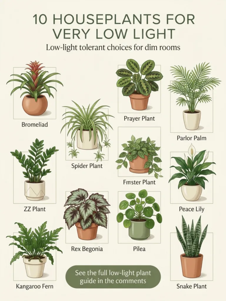 An infographic featuring 10 illustrations of different houseplants that thrive in very low light each labeled with its c