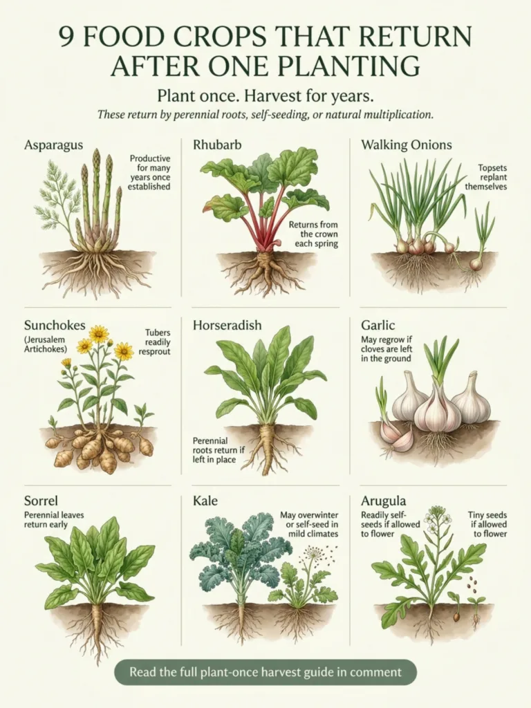 Infographic showcasing 9 perennial food crops with illustrations and descriptions