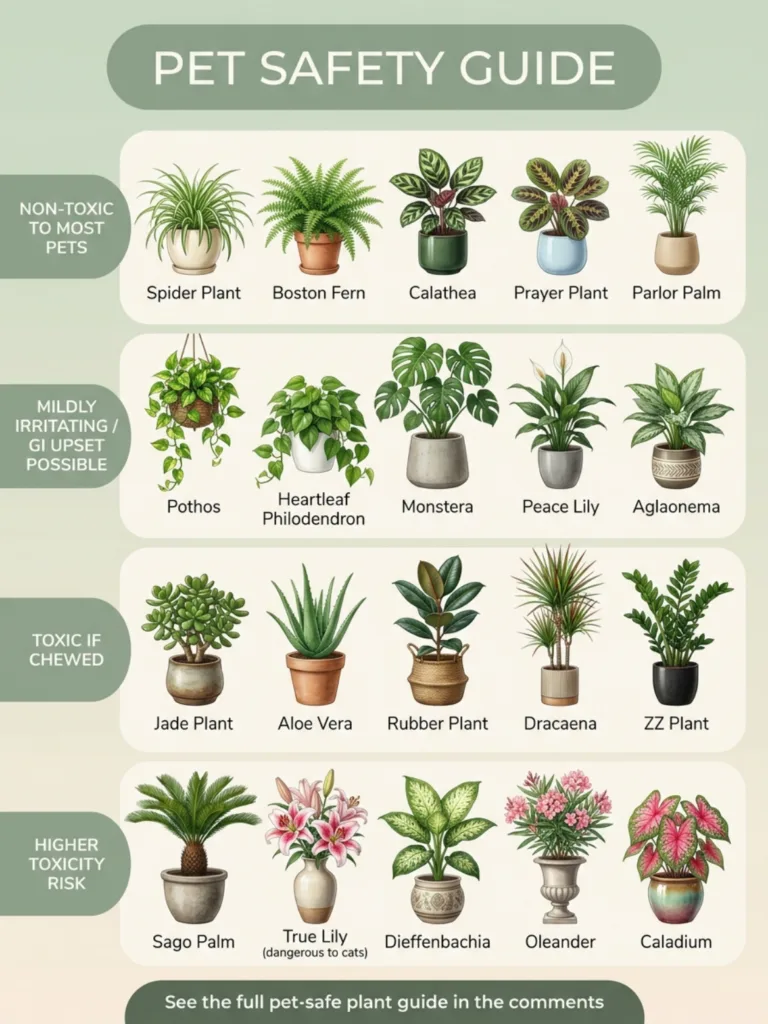 Infographic showing various houseplants categorized by their toxicity level to pets from non-toxic to higher toxicity ri