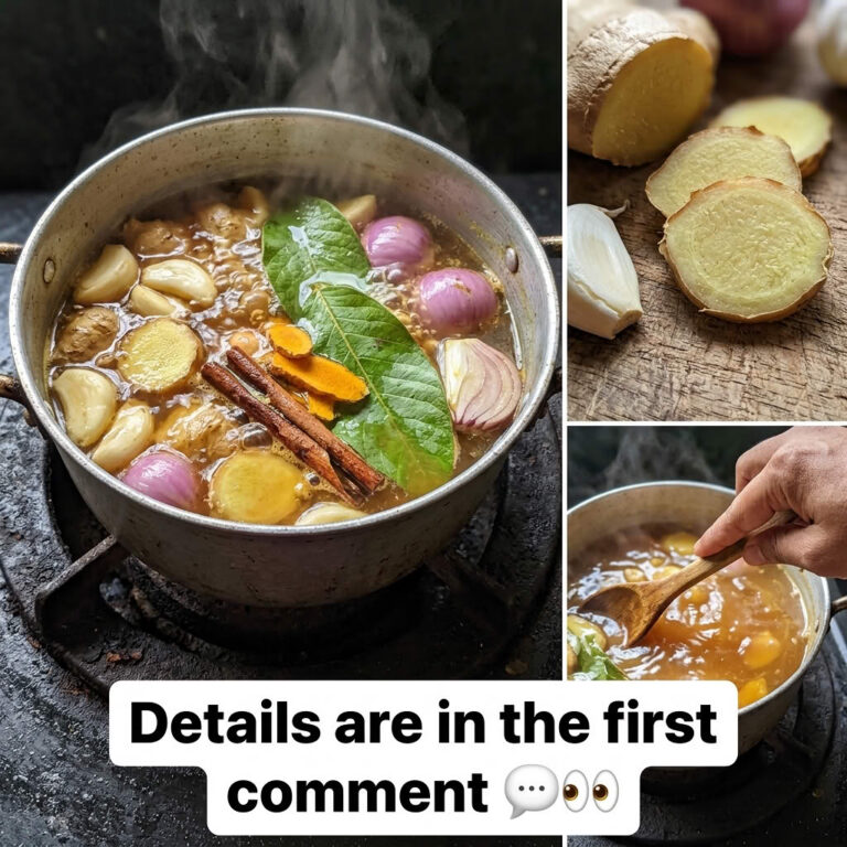 A rustic metal pot simmering a golden-brown liquid with whole garlic cloves ginger slices halved red onions a bay leaf a