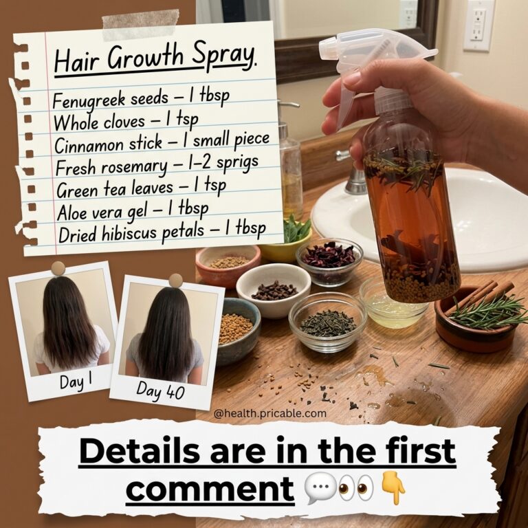A beautiful flat lay of ingredients and a finished DIY hair growth spray bottle on a wooden countertop with a handwritte