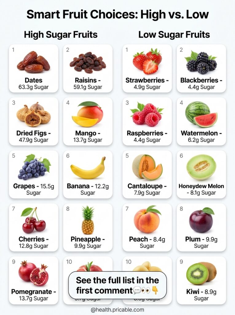 An infographic comparing high sugar fruits and low sugar fruits showing images of fruits with their sugar content in gra
