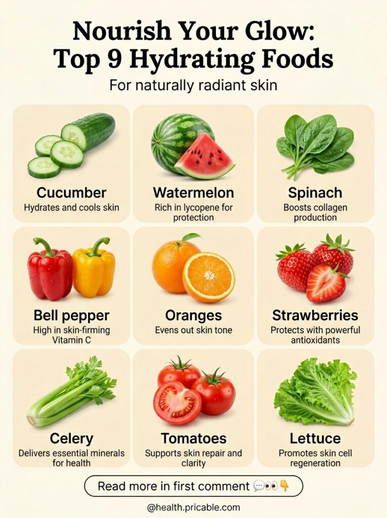 An infographic titled Nourish Your Glow Top 9 Hydrating Foods For naturally radiant skin showing nine different fruits a