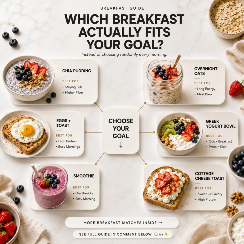 A vibrant and clean flat lay infographic titled Breakfast Guide Which Breakfast Actually Fits Your Goal on a white marbl