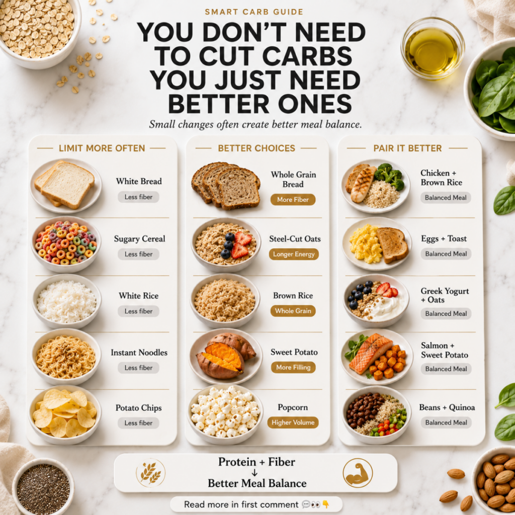 Overhead flat-lay infographic on a white marble background visually categorizing carbohydrate sources and meal pairings