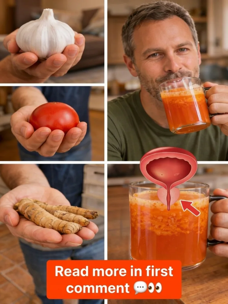 A collage showing hands holding garlic a red tomato and turmeric roots alongside a man happily drinking an orange-colore