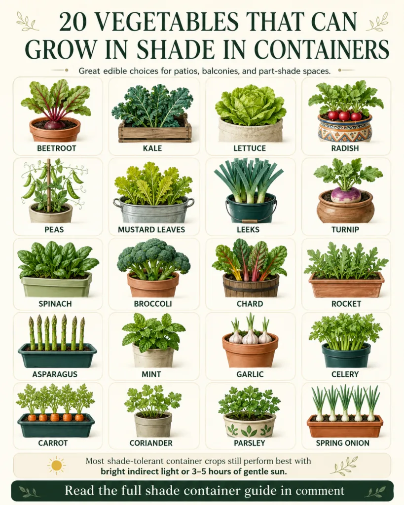 An infographic titled 20 VEGETABLES THAT CAN GROW IN SHADE IN CONTAINERS showing illustrations of various vegetables lik