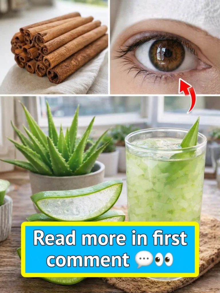 A composite image showing tightly stacked cinnamon sticks a close-up of a human eye with an arrow pointing to the undere