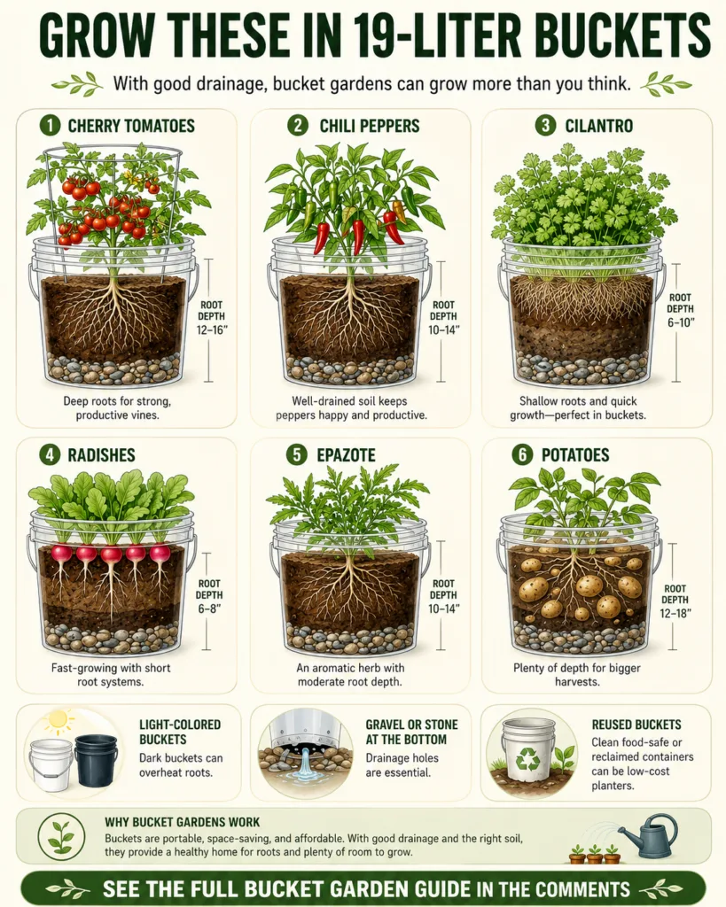 An infographic showing six different plants growing in 19-liter transparent buckets illustrating their root systems and 