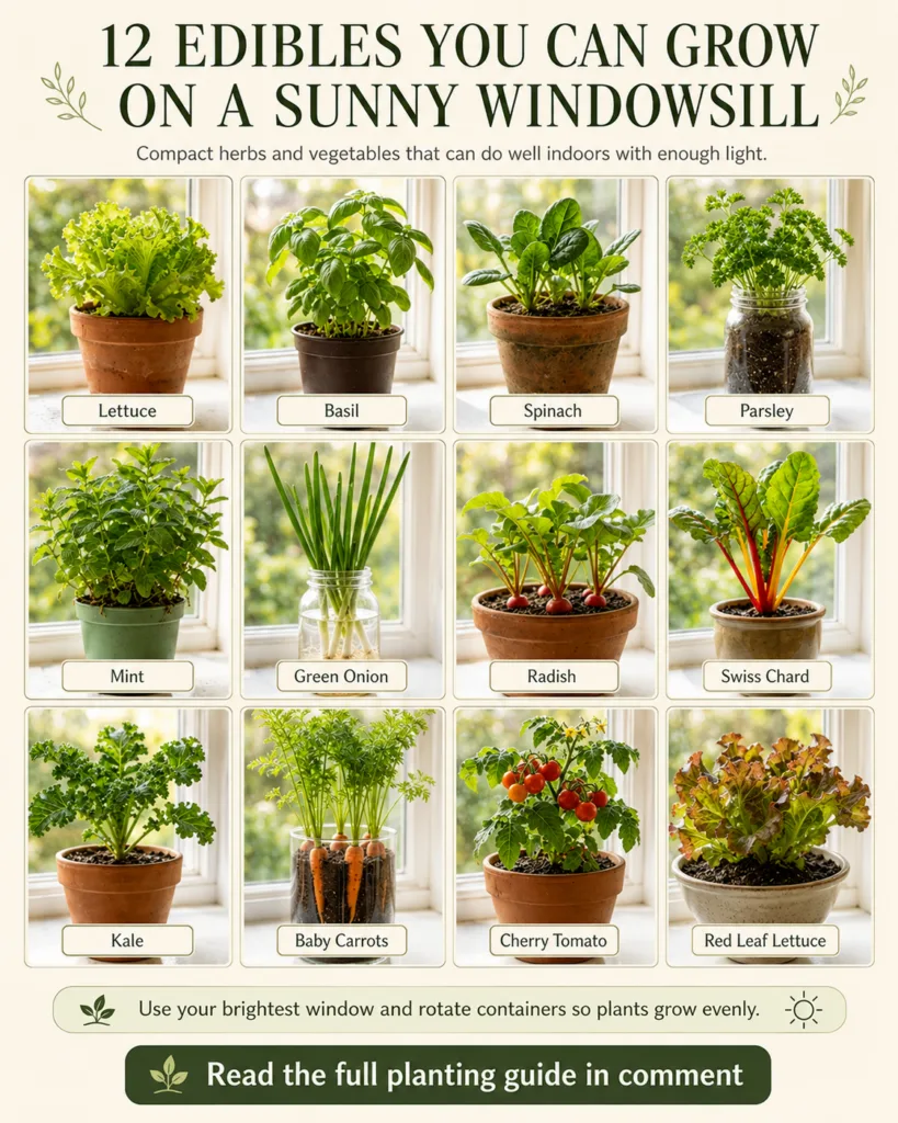 An infographic showing 12 different edible plants like herbs and small vegetables thriving in pots on a sunny windowsill
