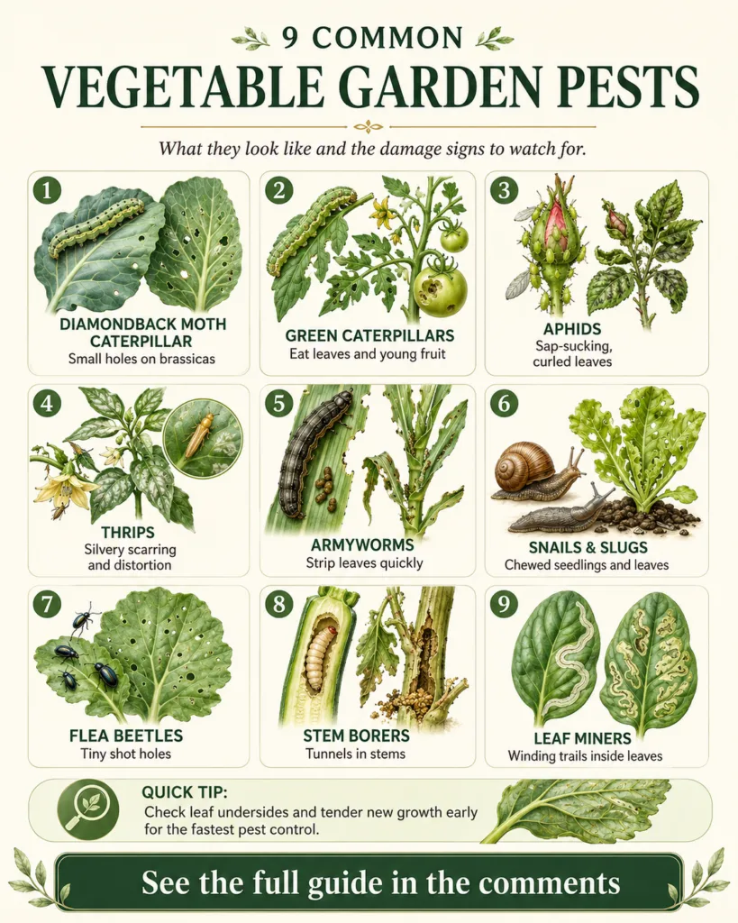 An infographic titled 9 Common Vegetable Garden Pests showing detailed illustrations of various pests and the damage the