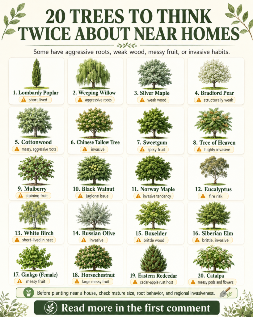 An infographic titled 20 Trees to Think Twice About Near Homes showing illustrations and warnings for various tree speci