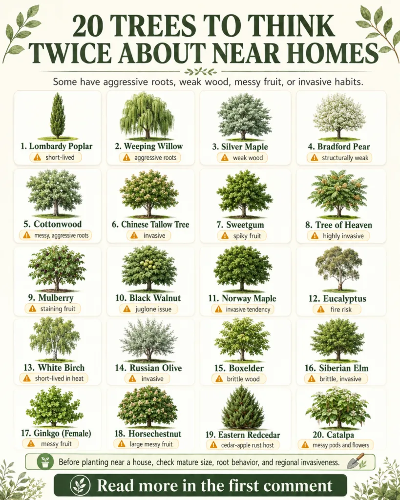 An infographic titled 20 Trees to Think Twice About Near Homes showing illustrations and warnings for various tree speci