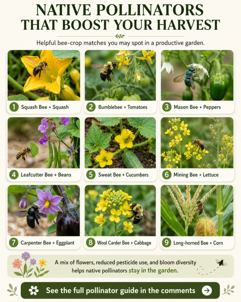 An infographic showing different native bees Squash Bee Bumblebee Mason Bee Leafcutter Bee Sweat Bee Mining Bee Carpente