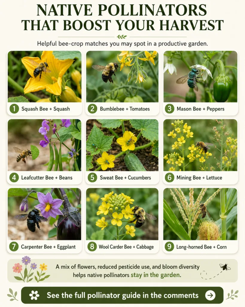 An infographic showing different native bees Squash Bee Bumblebee Mason Bee Leafcutter Bee Sweat Bee Mining Bee Carpente