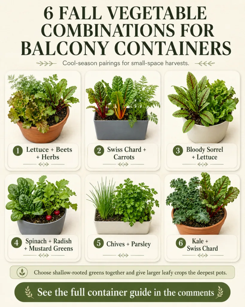 An infographic showcasing 6 fall vegetable combinations for balcony containers Each combination is shown in a pot with s