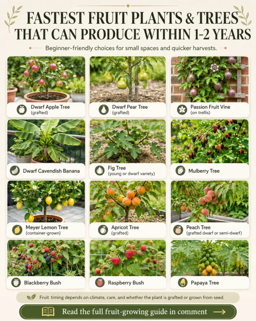 An infographic titled FASTEST FRUIT PLANTS TREES THAT CAN PRODUCE WITHIN 1-2 YEARS showing 12 different fruit plants wit