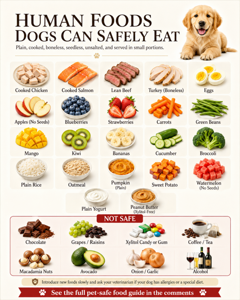 An infographic showing human foods dogs can and cannot safely eat featuring a friendly golden retriever puppy and clear 