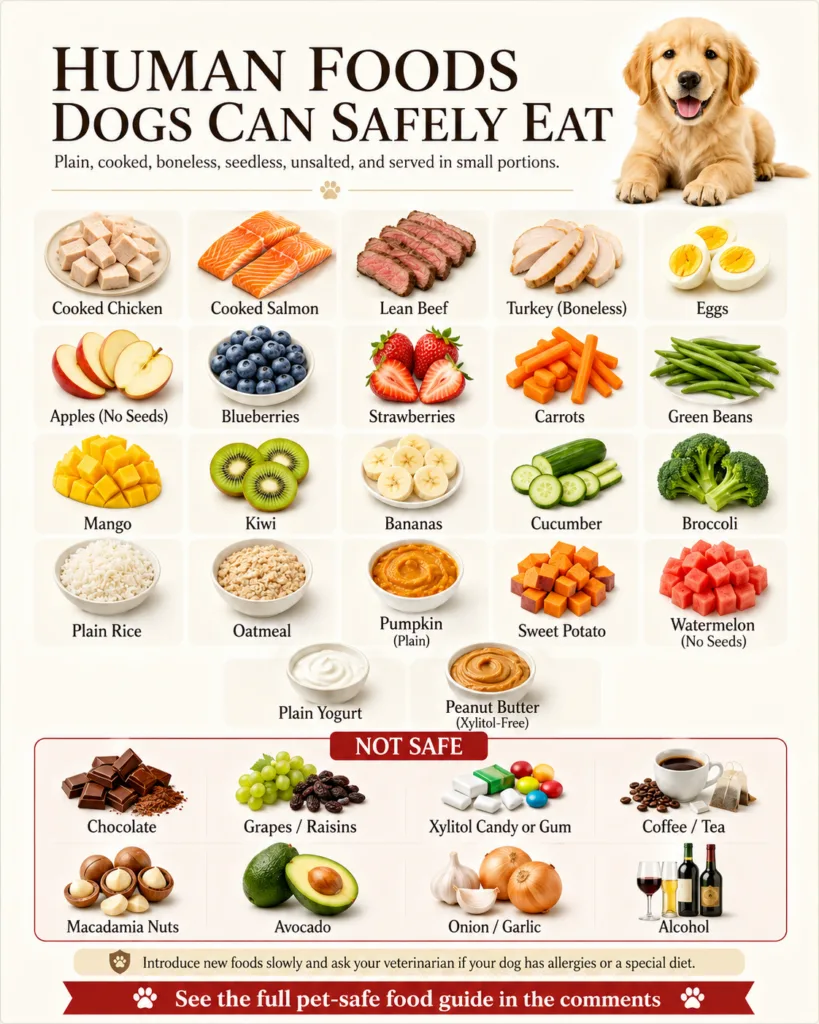 An infographic showing human foods dogs can and cannot safely eat featuring a friendly golden retriever puppy and clear 