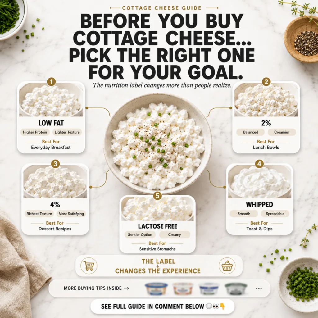 A bright clean and informative top-down flat lay composition of various cottage cheese bowls The main bowl is garnished 