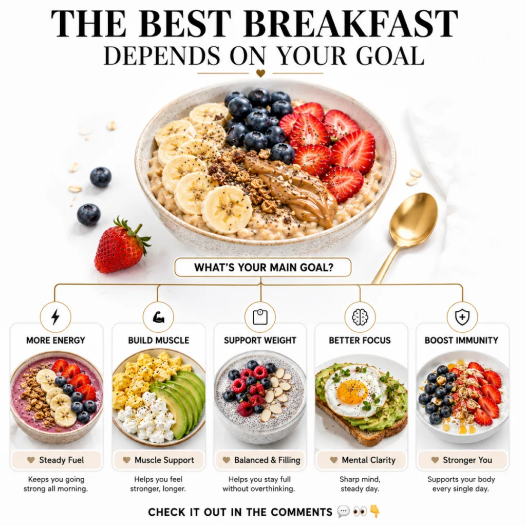 A bright clean and engaging infographic titled THE BEST BREAKFAST DEPENDS ON YOUR GOAL It showcases a large appetizing b