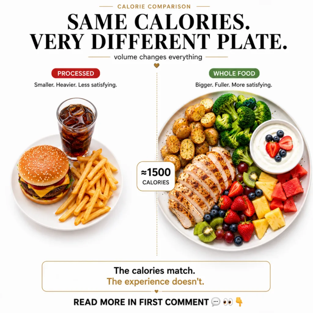 A side-by-side comparison of two plates The left plate labeled PROCESSED shows a cheeseburger fries and cola The right p