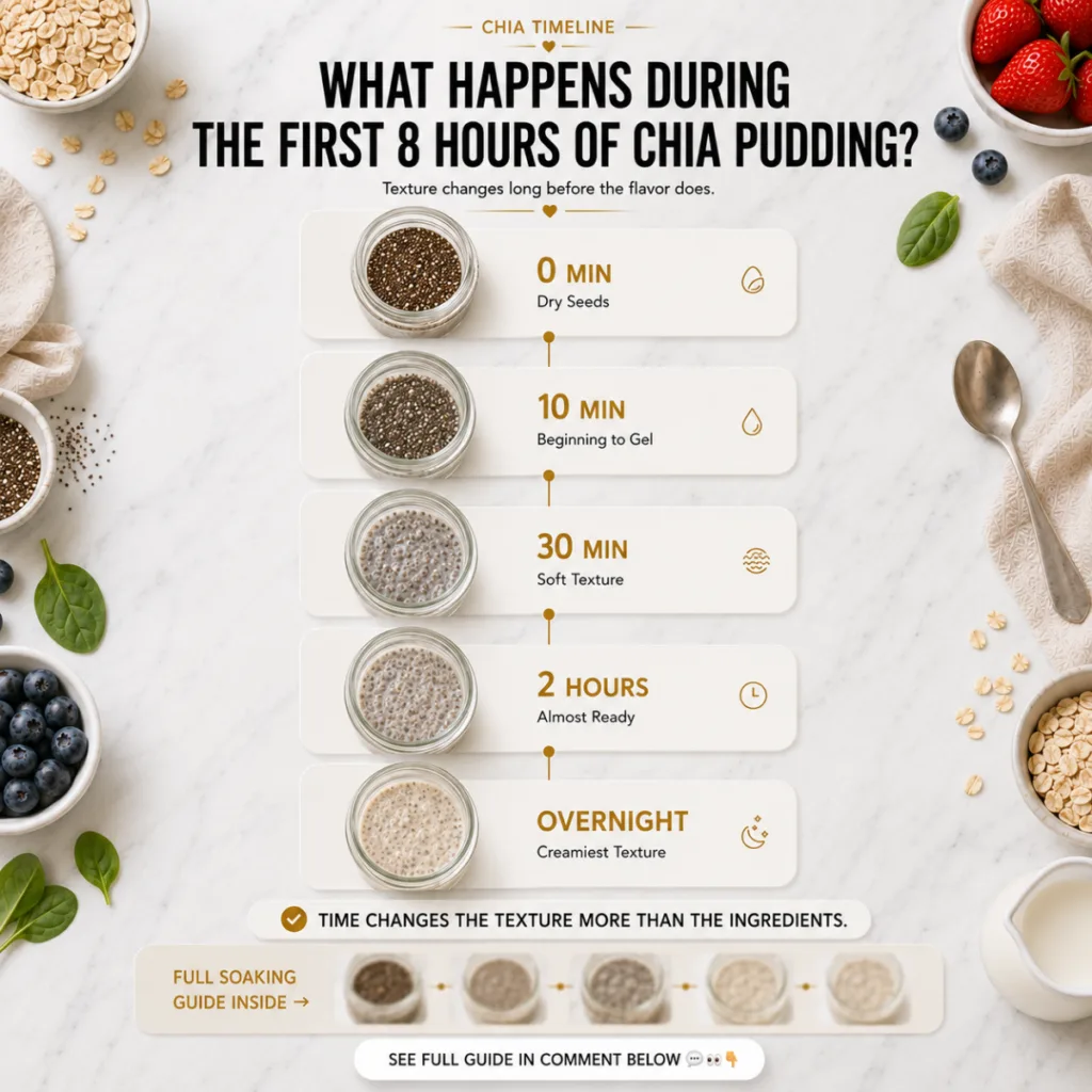 A bright clean flat lay infographic showing the transformation of chia seeds over time when soaked from dry seeds to cre