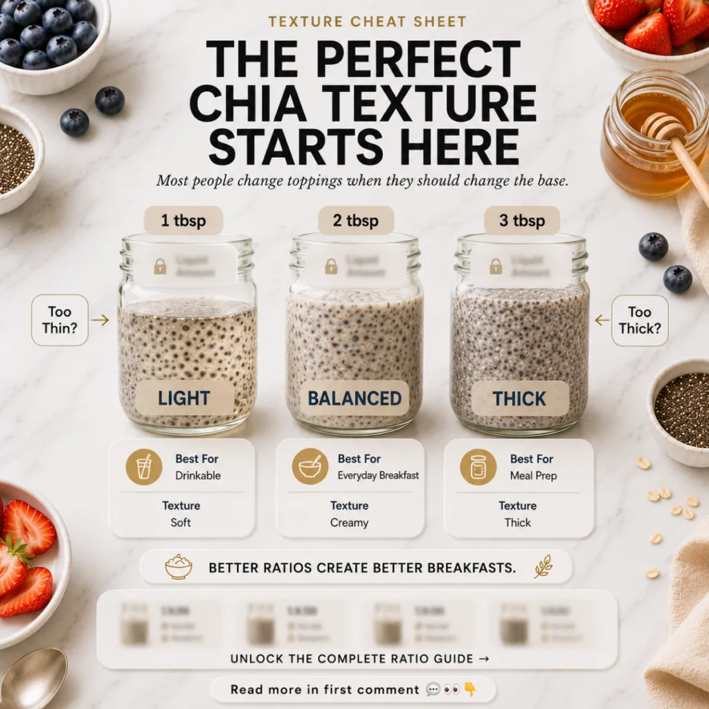 A flat-lay texture cheat sheet for chia seed pudding showing three clear glass jars with varying consistencies light bal