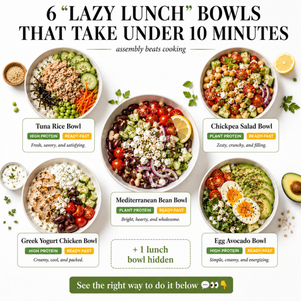 A top-down Pinterest-friendly shot of five vibrant and colorful lazy lunch bowls arranged neatly on a clean white backgr
