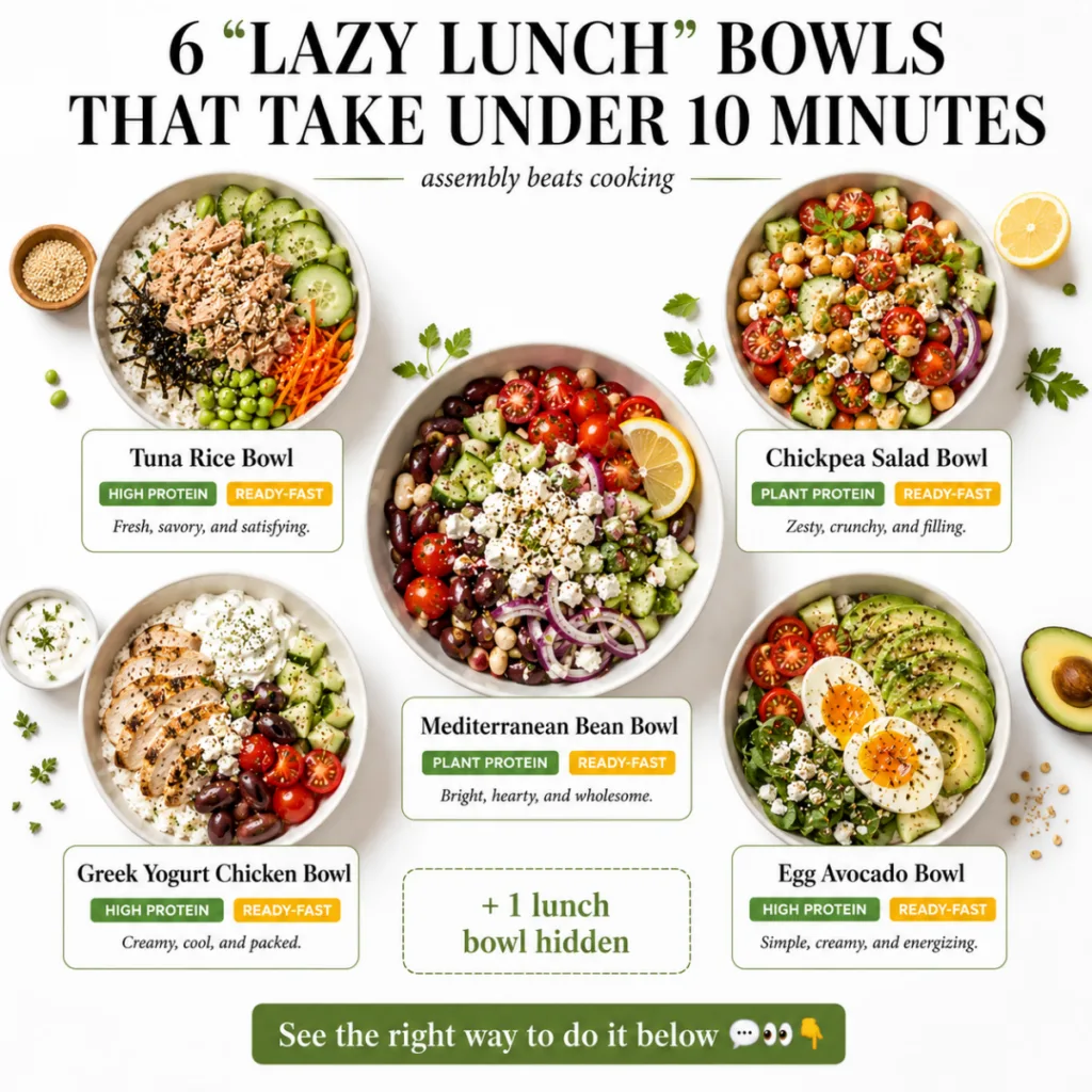 A top-down Pinterest-friendly shot of five vibrant and colorful lazy lunch bowls arranged neatly on a clean white backgr