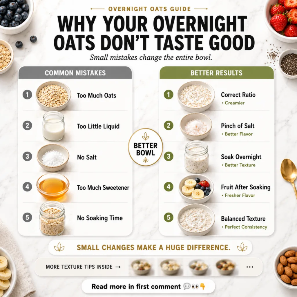 A modern wellness-style infographic showing common mistakes and better results for overnight oats preparation It feature
