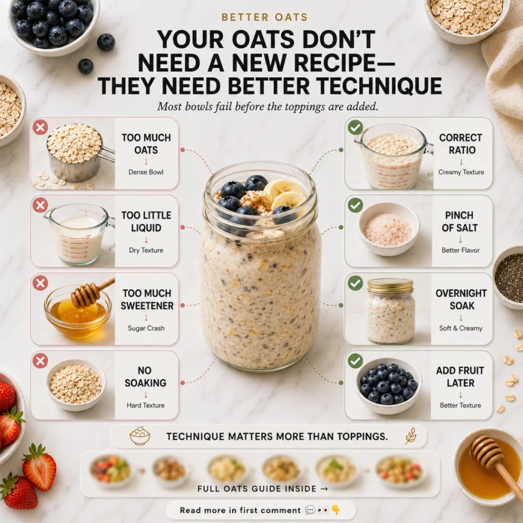 A Pinterest-friendly modern wellness flat lay infographic illustrating Better Oats techniques It clearly displays common