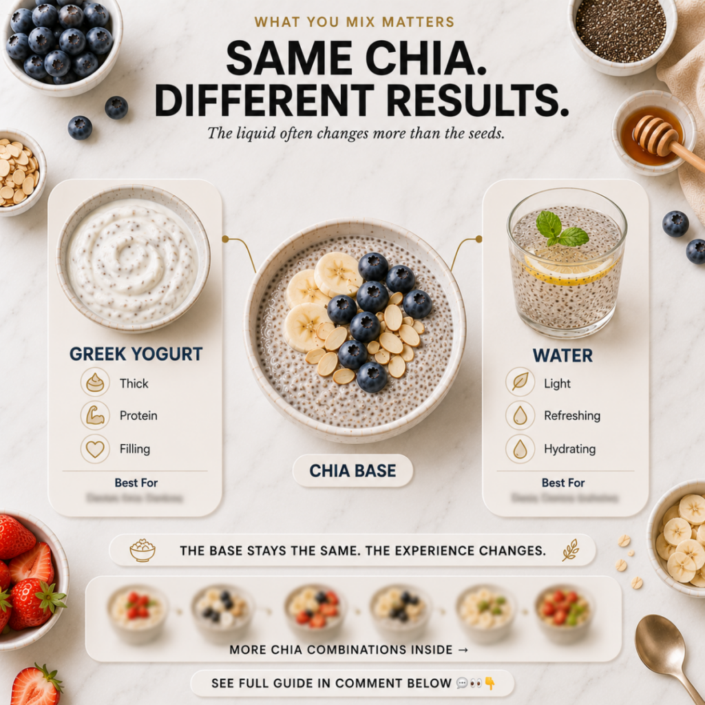A clean organized flat lay infographic showing a central bowl of chia pudding with blueberries banana and almonds branch