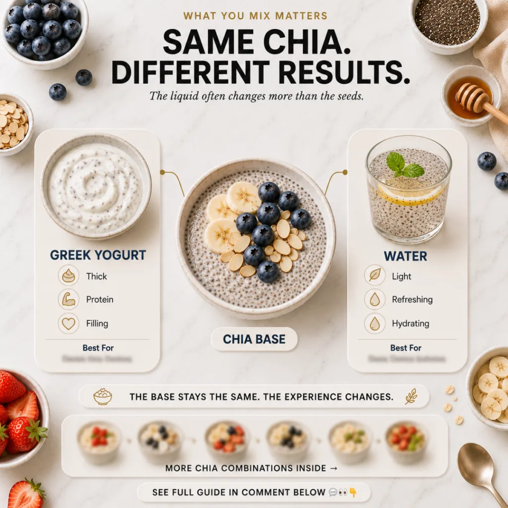 A clean organized flat lay infographic showing a central bowl of chia pudding with blueberries banana and almonds branch