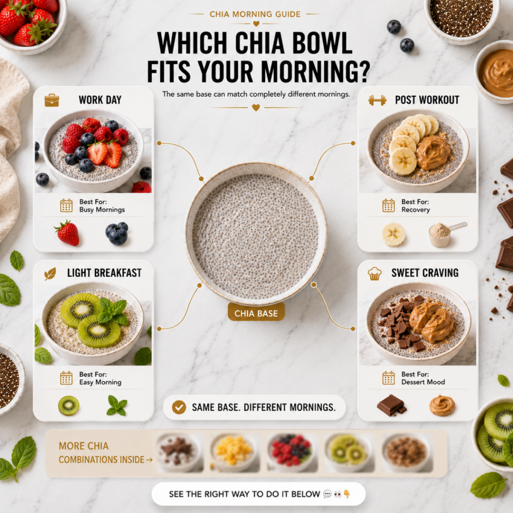 A clean top-down flat lay infographic titled CHIA MORNING GUIDE showing a central bowl of plain chia pudding branching i