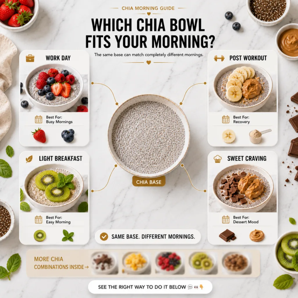 A clean top-down flat lay infographic titled CHIA MORNING GUIDE showing a central bowl of plain chia pudding branching i