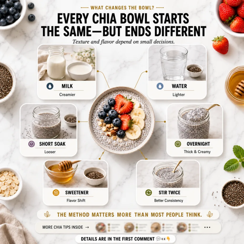 A clean top-down flat lay infographic on a light marble background showing a beautifully garnished chia pudding bowl in 