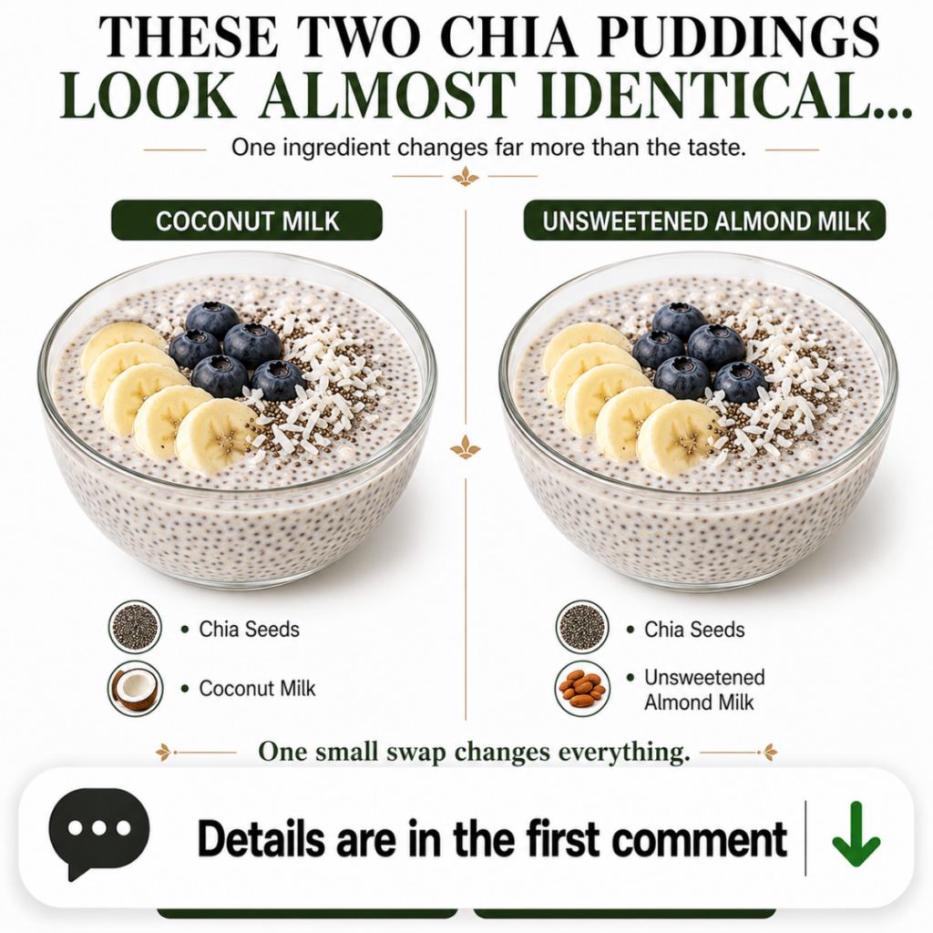 Two visually identical glass bowls of chia pudding topped with banana blueberries and shredded coconut against a clean w