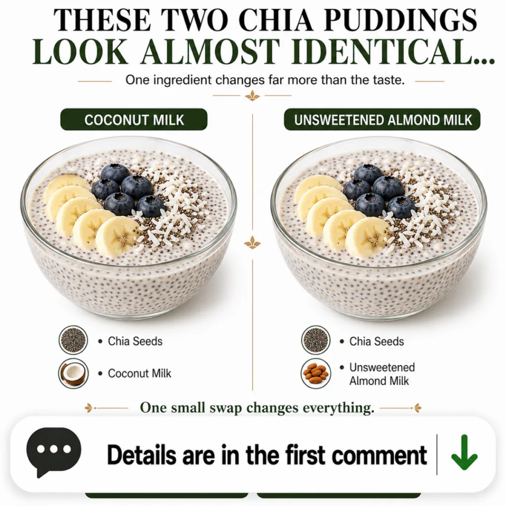 Two visually identical glass bowls of chia pudding topped with banana blueberries and shredded coconut against a clean w