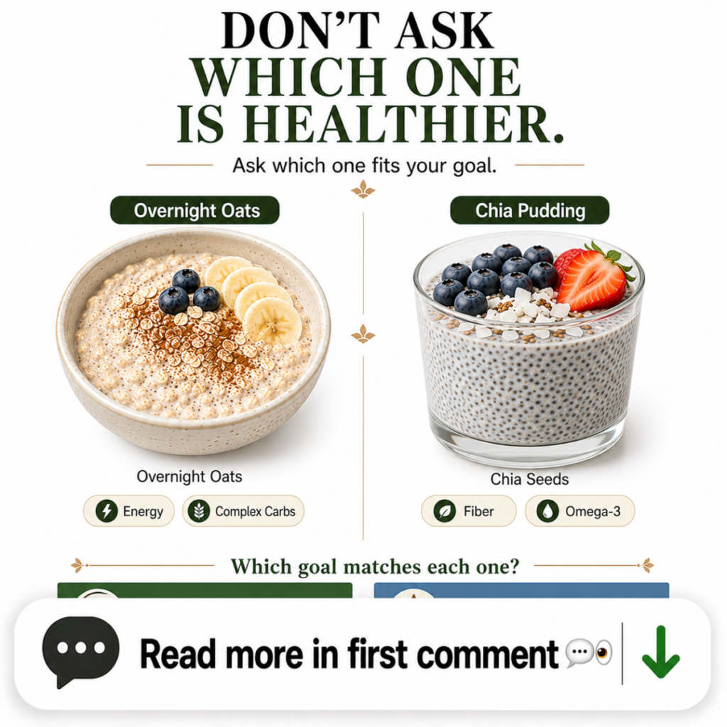 A side-by-side comparison of a bowl of overnight oats with banana and blueberries and a glass of chia pudding with berri