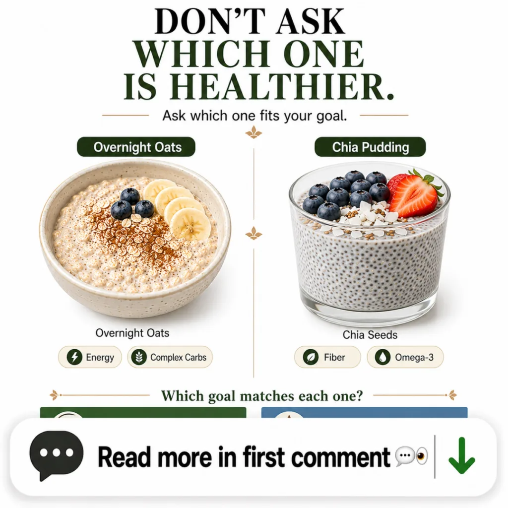 A side-by-side comparison of a bowl of overnight oats with banana and blueberries and a glass of chia pudding with berri